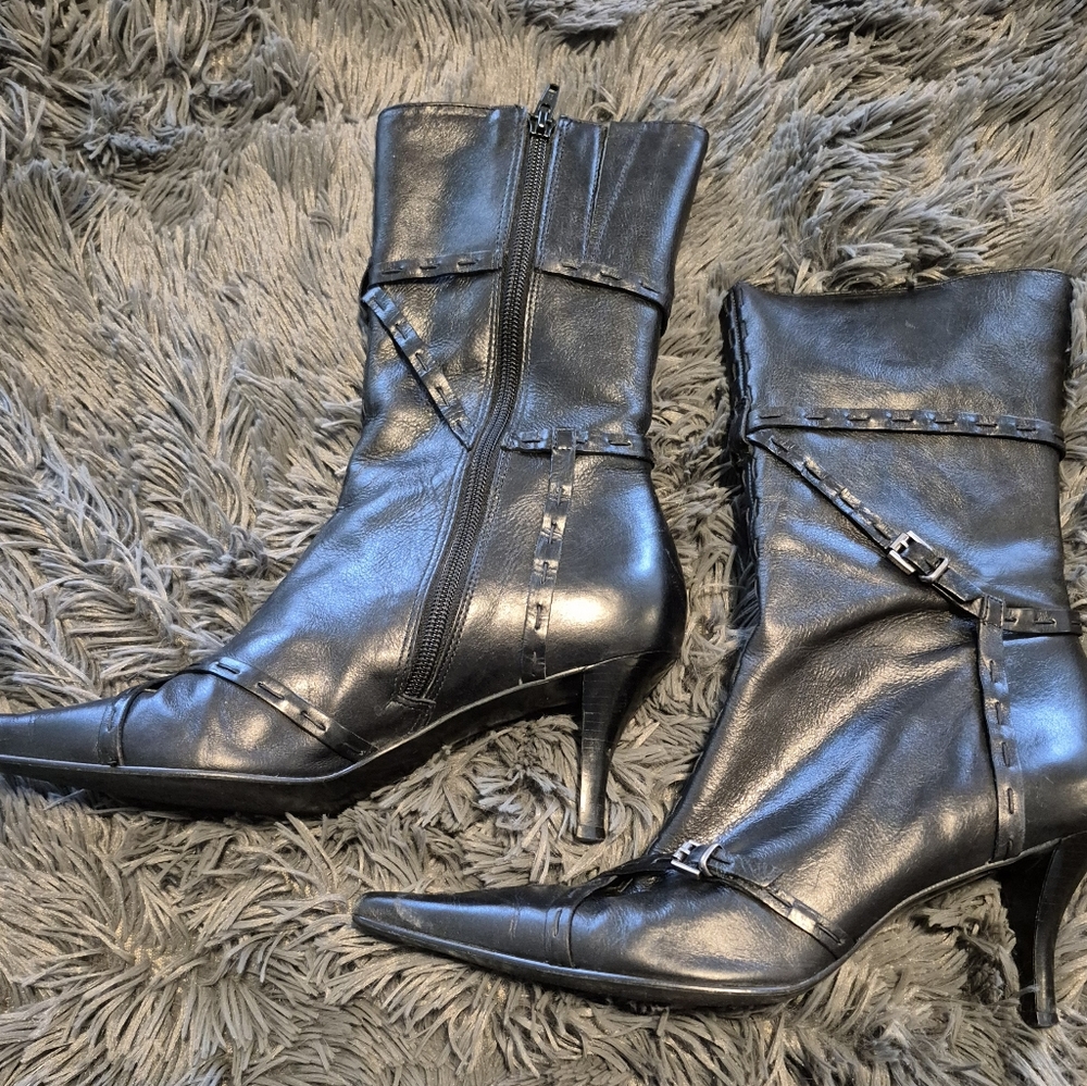 Carlos Santana Black Leather Strappy Pointed Toe Heel "Trail" Boots Size 7.5 M
